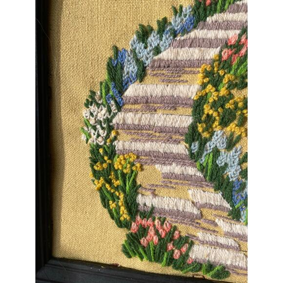 Vtg Framed Crewel Embroidery Springtime Gazebo Needlepoint Floral Grandmacore - Picture 6 of 16